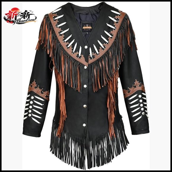 Jackets & Blazers - Genuine Cowhide Leather Jacket with Beaded Fringe Tassels